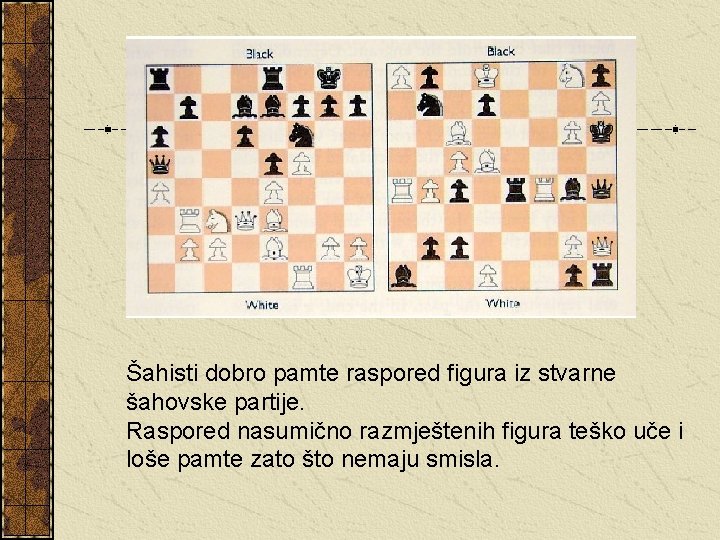 Šahisti dobro pamte raspored figura iz stvarne šahovske partije. Raspored nasumično razmještenih figura teško