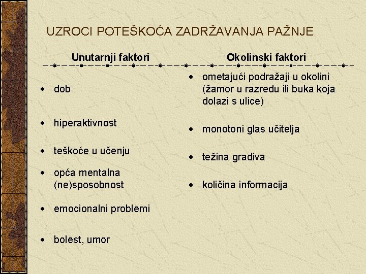 UZROCI POTEŠKOĆA ZADRŽAVANJA PAŽNJE Unutarnji faktori dob hiperaktivnost teškoće u učenju opća mentalna (ne)sposobnost