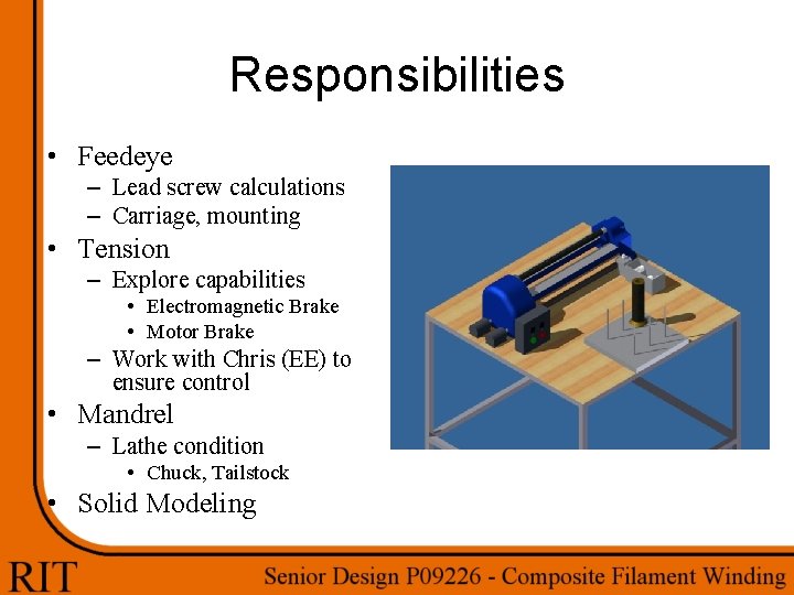 Responsibilities • Feedeye – Lead screw calculations – Carriage, mounting • Tension – Explore