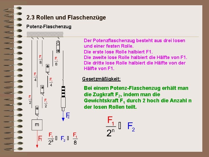 2. 3 Rollen und Flaschenzüge Potenz-Flaschenzug Der Potenzflaschenzug besteht aus drei losen und einer 2. 3 Rollen und Flaschenzüge Potenz-Flaschenzug Der Potenzflaschenzug besteht aus drei losen und einer