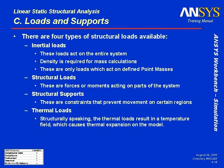 Linear Static Structural Analysis C. Loads and Supports Training Manual – Inertial loads •