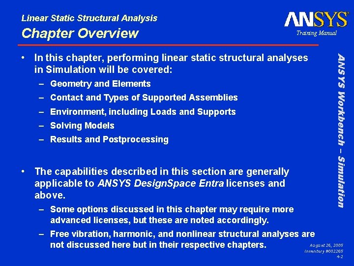 Linear Static Structural Analysis Chapter Overview Training Manual – Geometry and Elements – Contact