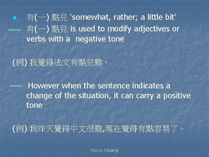 n 有(一) 點兒 ‘somewhat, rather; a little bit’ 有(一) 點兒 is used to modify