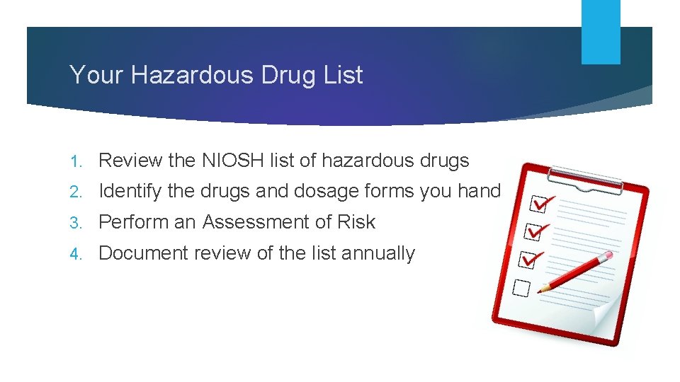 Your Hazardous Drug List 1. Review the NIOSH list of hazardous drugs 2. Identify