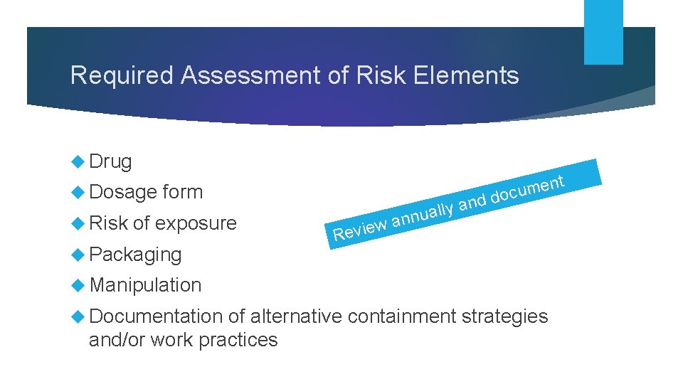 Required Assessment of Risk Elements Drug Dosage Risk form of exposure Packaging a w