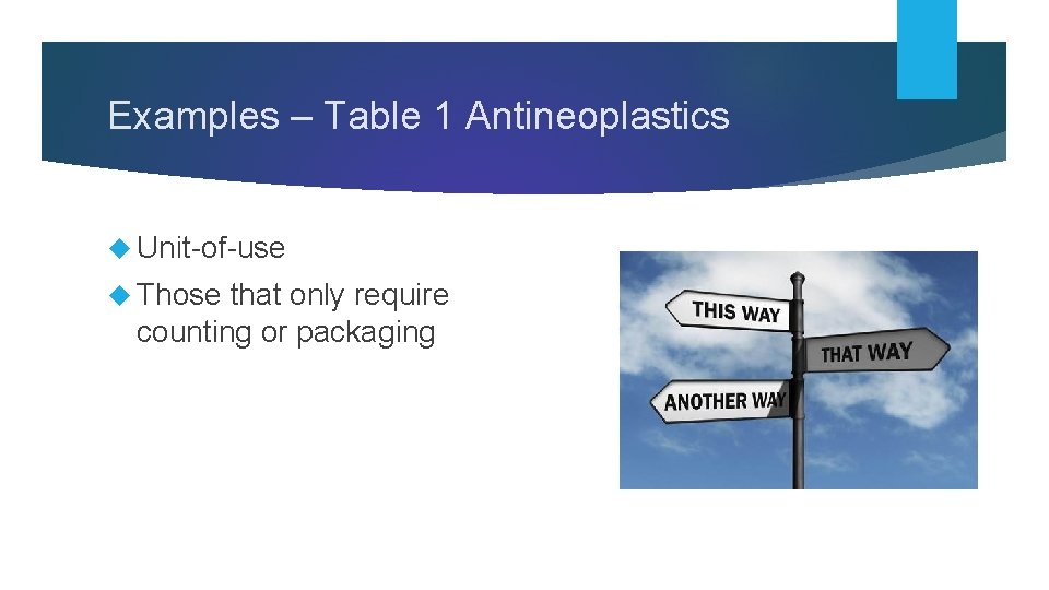 Examples – Table 1 Antineoplastics Unit-of-use Those that only require counting or packaging 