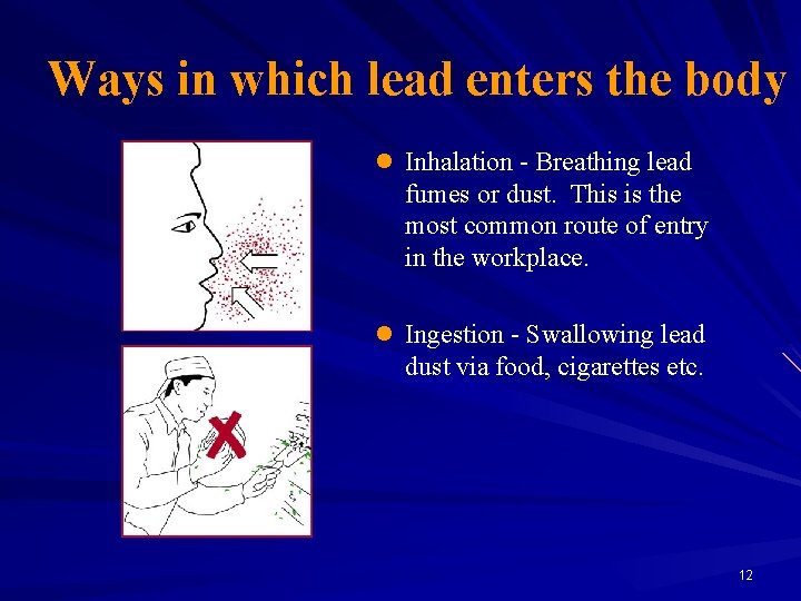Ways in which lead enters the body l Inhalation - Breathing lead fumes or