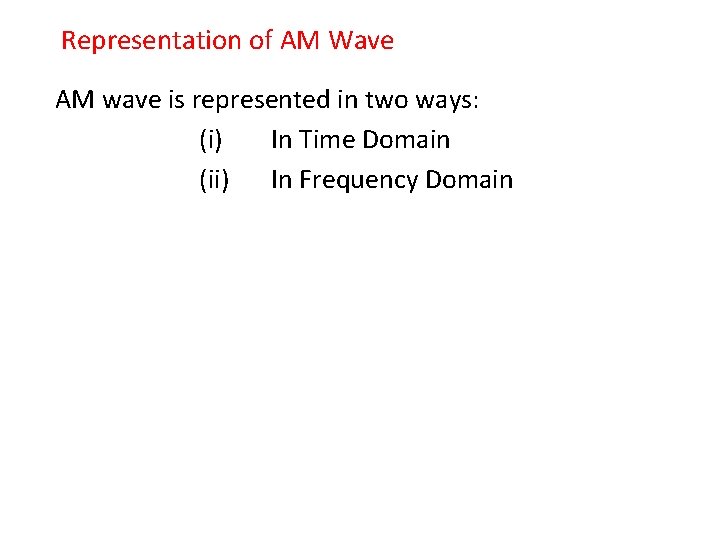 Representation of AM Wave AM wave is represented in two ways: (i) In Time