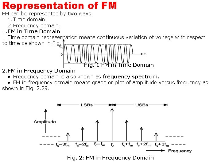 Representation of FM FM can be represented by two ways: 1. Time domain. 2.