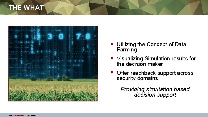 THE WHAT § Utilizing the Concept of Data Farming § Visualizing Simulation results for