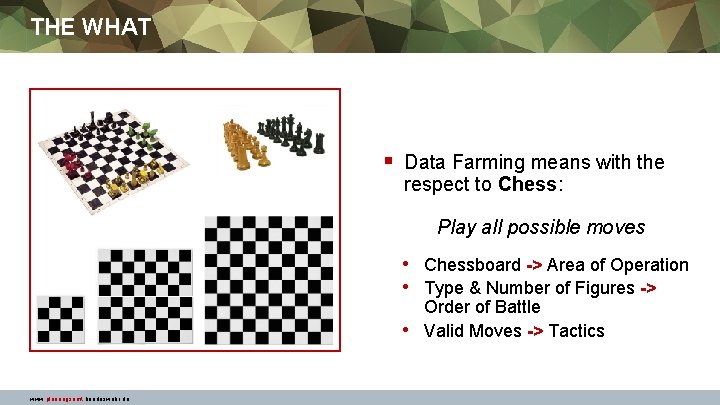 THE WHAT § Data Farming means with the respect to Chess: Play all possible