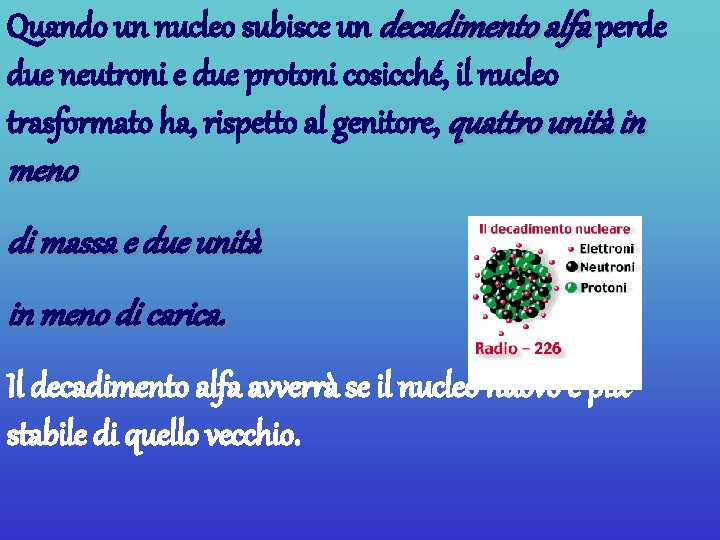 Quando un nucleo subisce un decadimento alfa perde due neutroni e due protoni cosicché,