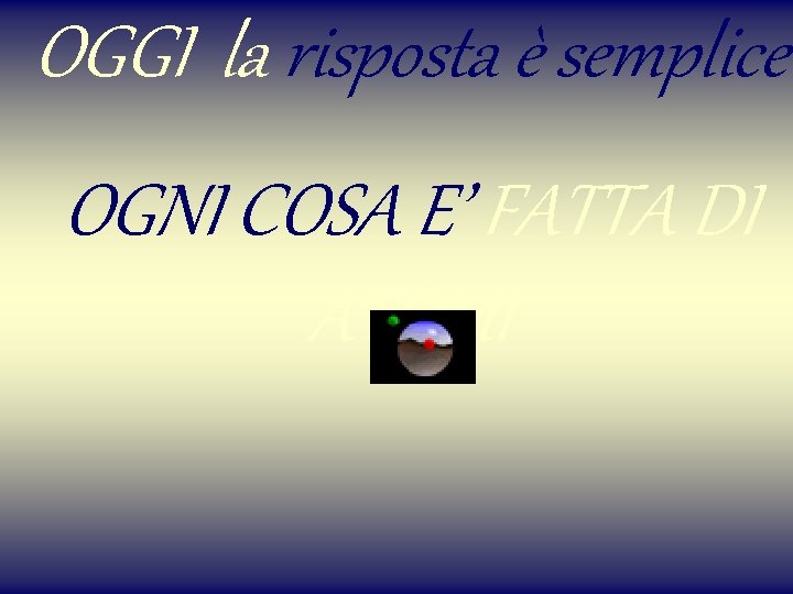OGGI la risposta è semplice OGNI COSA E’ FATTA DI ATOMI 