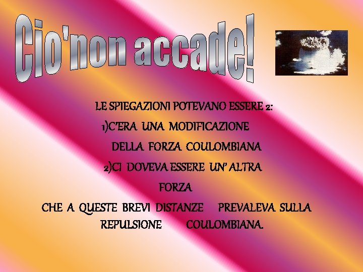 LE SPIEGAZIONI POTEVANO ESSERE 2: 1)C’ERA UNA MODIFICAZIONE DELLA FORZA COULOMBIANA 2)CI DOVEVA ESSERE