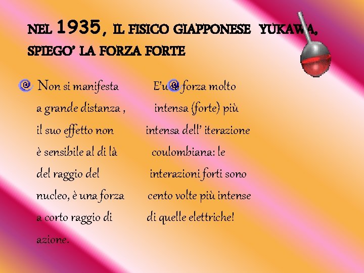 NEL 1935, IL FISICO GIAPPONESE YUKAWA, SPIEGO’ LA FORZA FORTE Non si manifesta a