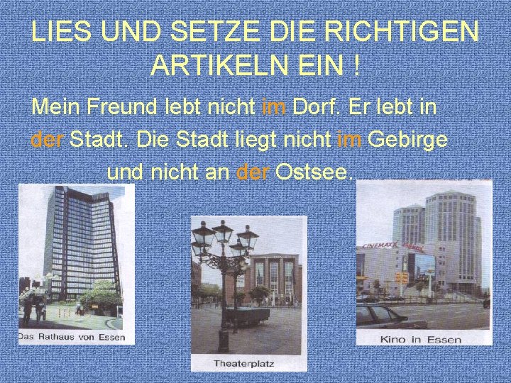 LIES UND SETZE DIE RICHTIGEN ARTIKELN EIN ! Mein Freund lebt nicht im Dorf.