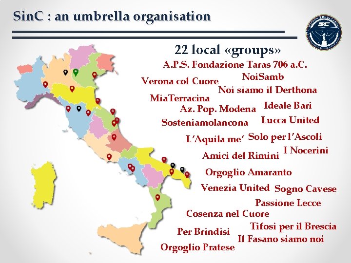 Sin. C : an umbrella organisation 22 local «groups» A. P. S. Fondazione Taras