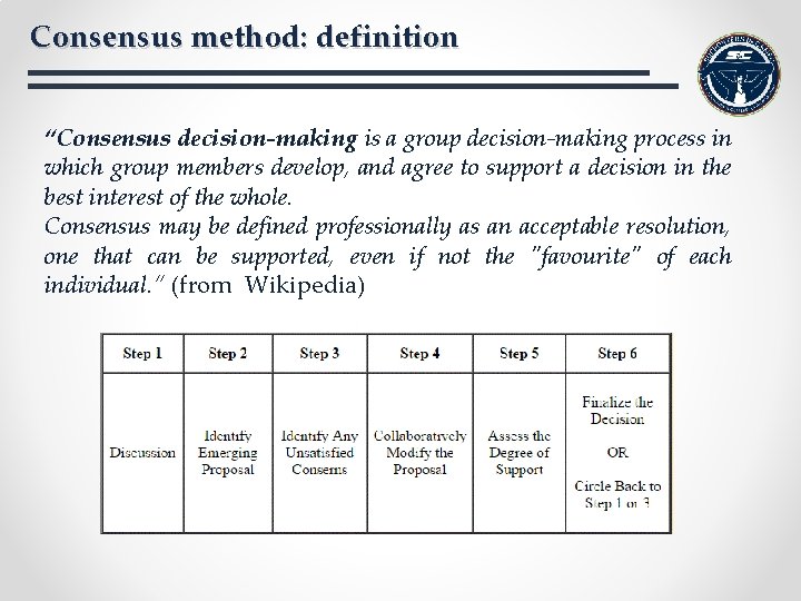 Consensus method: definition “Consensus decision-making is a group decision-making process in which group members