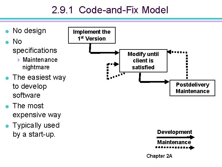 2. 9. 1 Code-and-Fix Model = = No design No specifications 4 Maintenance nightmare