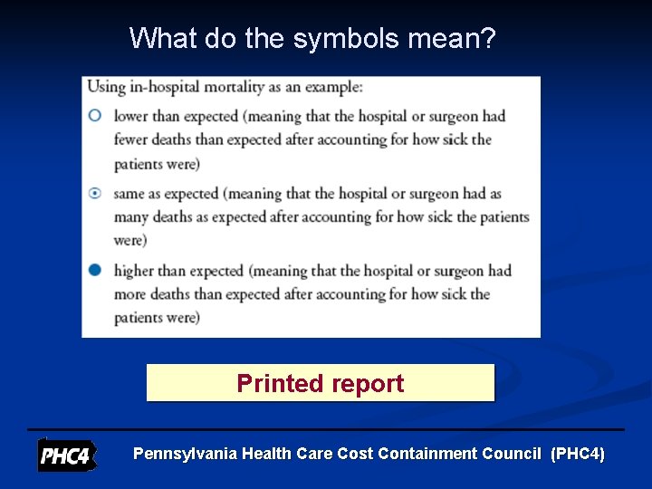 What do the symbols mean? Printed report Pennsylvania Health Care Cost Containment Council (PHC