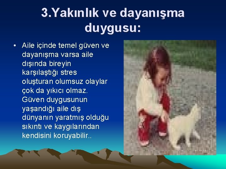 3. Yakınlık ve dayanışma duygusu: • Aile içinde temel güven ve dayanışma varsa aile