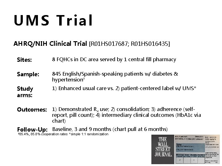 UMS Trial AHRQ/NIH Clinical Trial [R 01 HS 017687; R 01 HS 016435] Sites: