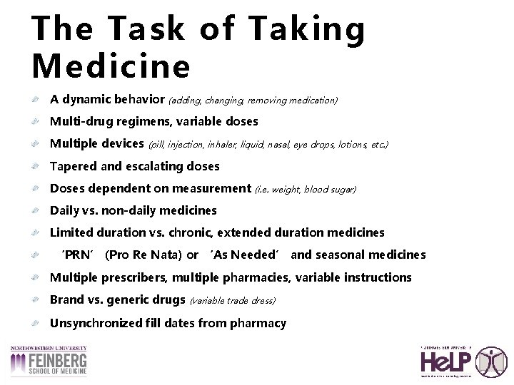 The Task of Taking Medicine A dynamic behavior (adding, changing, removing medication) Multi-drug regimens,