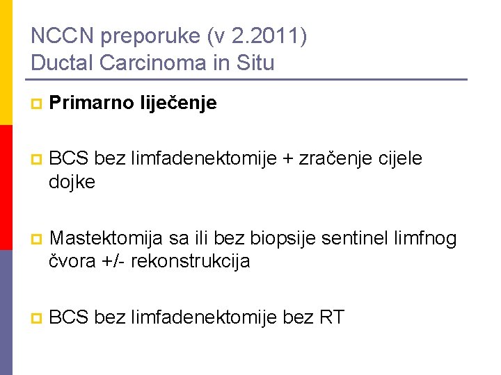 NCCN preporuke (v 2. 2011) Ductal Carcinoma in Situ p Primarno liječenje p BCS