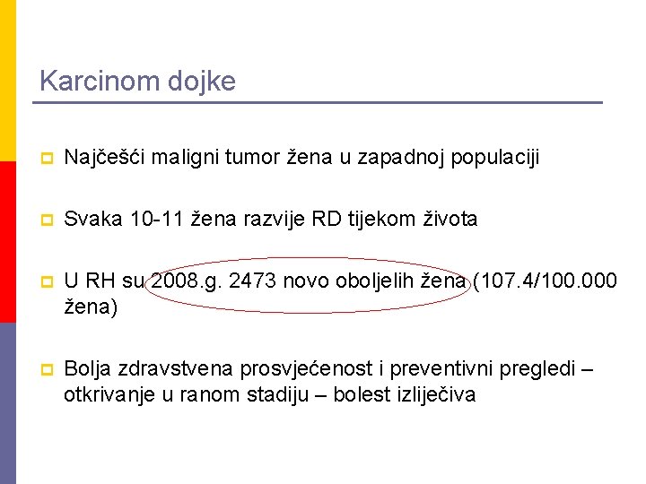 Karcinom dojke p Najčešći maligni tumor žena u zapadnoj populaciji p Svaka 10 -11