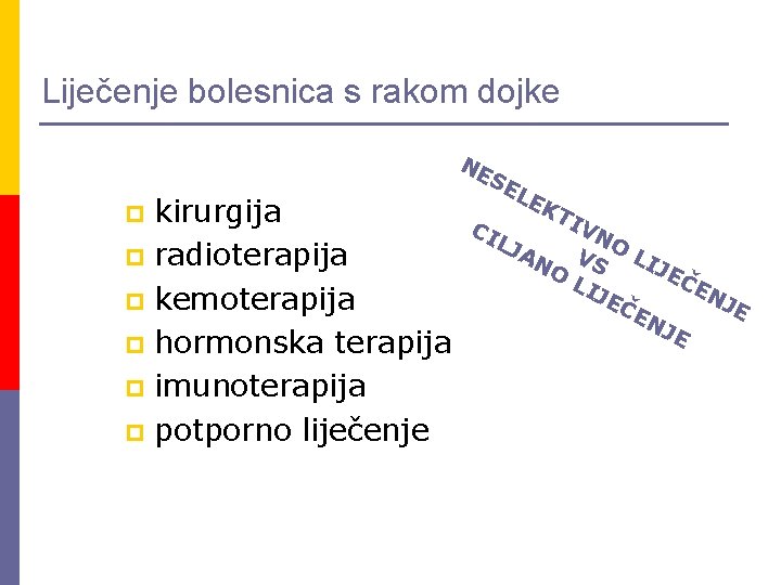 Liječenje bolesnica s rakom dojke NE kirurgija p radioterapija p kemoterapija p hormonska terapija