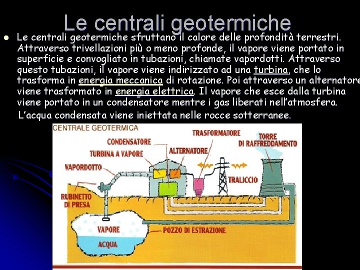 l Le centrali geotermiche sfruttano il calore delle profondità terrestri. Attraverso trivellazioni più o