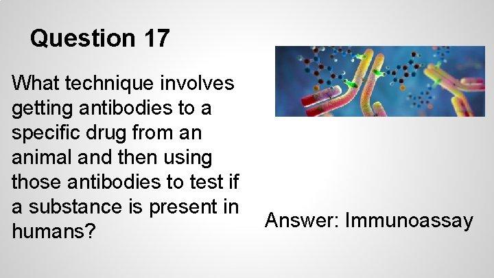 Question 17 What technique involves getting antibodies to a specific drug from an animal