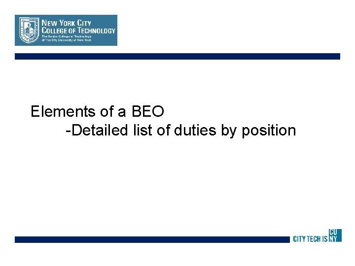 Elements of a BEO -Detailed list of duties by position 