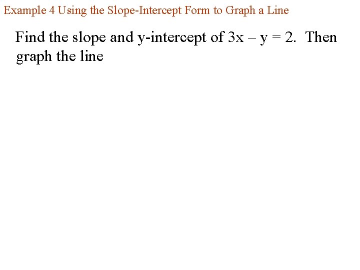 Example 4 Using the Slope-Intercept Form to Graph a Line Find the slope and