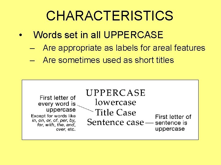 CHARACTERISTICS • Words set in all UPPERCASE – Are appropriate as labels for areal