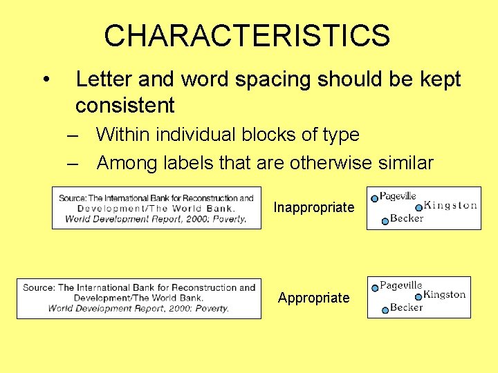 CHARACTERISTICS • Letter and word spacing should be kept consistent – Within individual blocks