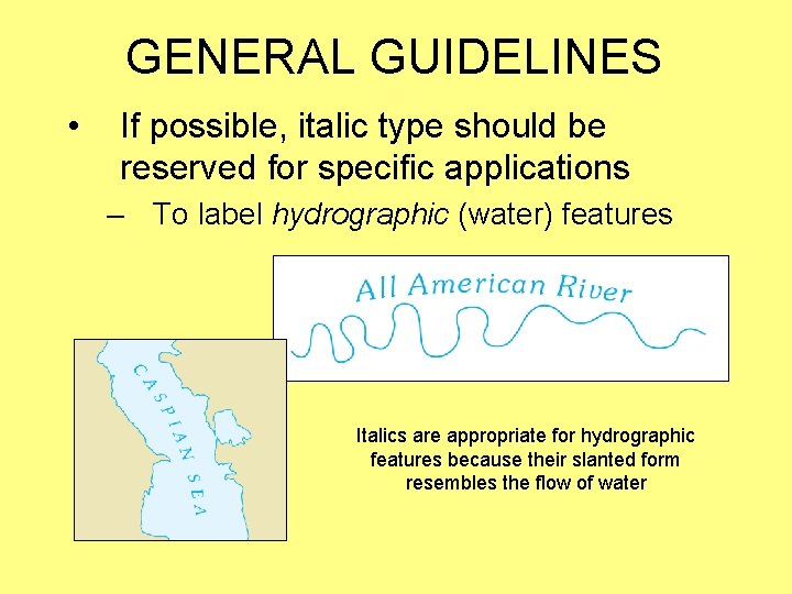 GENERAL GUIDELINES • If possible, italic type should be reserved for specific applications –