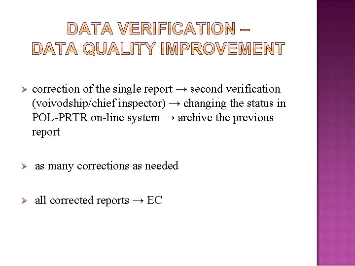 Ø correction of the single report → second verification (voivodship/chief inspector) → changing the