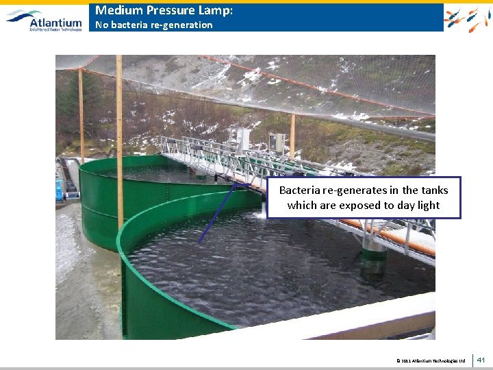 Medium Pressure Lamp: No bacteria re-generation Bacteria re-generates in the tanks which are exposed