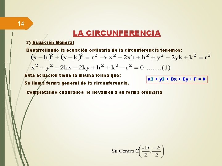 14 LA CIRCUNFERENCIA 3) Ecuación General Desarrollando la ecuación ordinaria de la circunferencia tenemos: