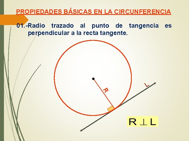 PROPIEDADES BÁSICAS EN LA CIRCUNFERENCIA 01. -Radio trazado al punto de tangencia perpendicular a