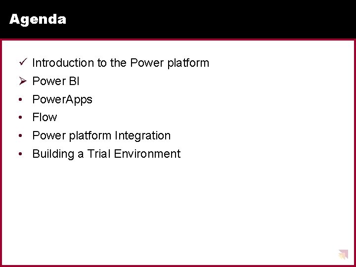 Agenda ü Introduction to the Power platform Ø Power BI • Power. Apps •