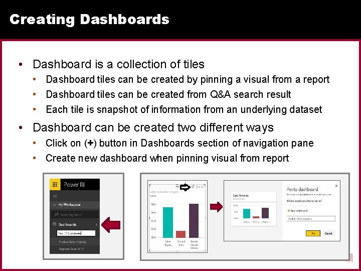 Creating Dashboards • Dashboard is a collection of tiles • Dashboard tiles can be