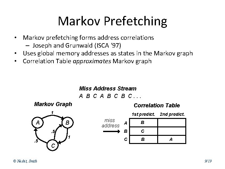 Markov Prefetching • Markov prefetching forms address correlations – Joseph and Grunwald (ISCA ‘