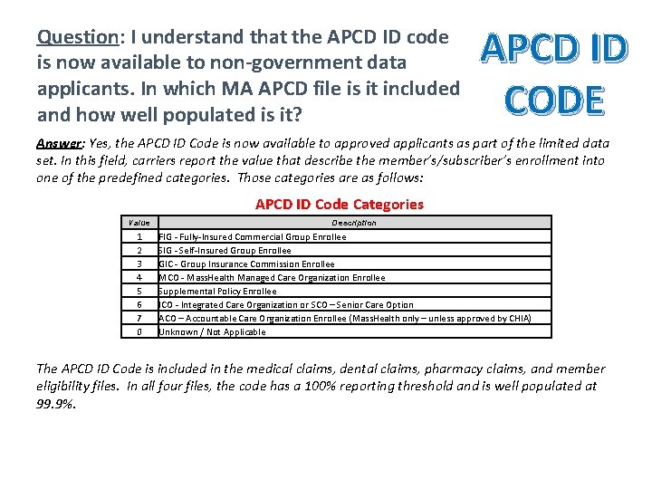 Question: I understand that the APCD ID code is now available to non-government data Question: I understand that the APCD ID code is now available to non-government data