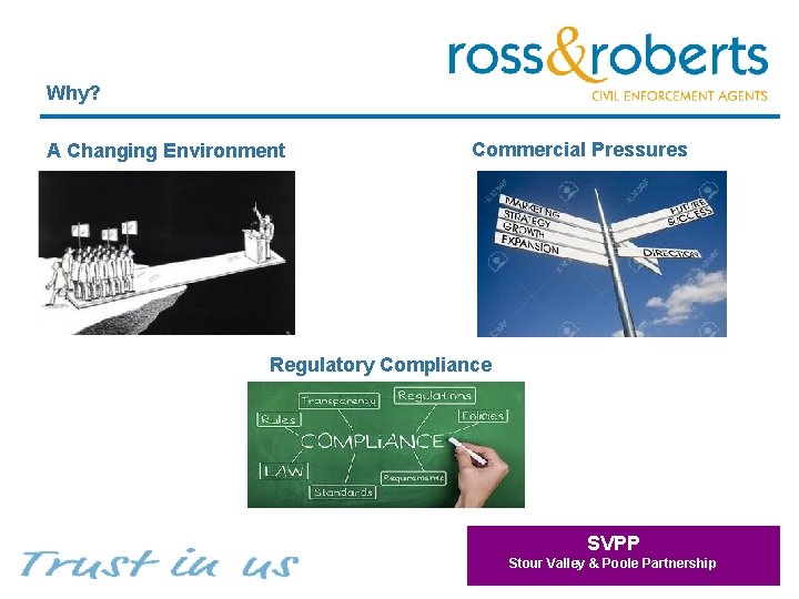 Why? A Changing Environment Commercial Pressures Regulatory Compliance SVPP Stour Valley & Poole Partnership