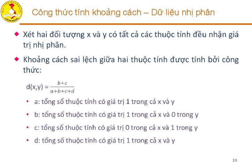 Công thức tính khoảng cách – Dữ liệu nhị phân • 19 