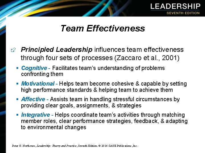 Team Effectiveness ÷ Principled Leadership influences team effectiveness through four sets of processes (Zaccaro