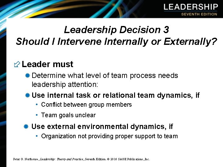 Leadership Decision 3 Should I Intervene Internally or Externally? ÷ Leader must ® Determine