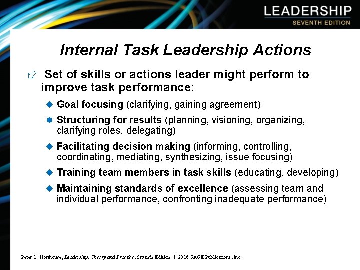 Internal Task Leadership Actions ÷ Set of skills or actions leader might perform to